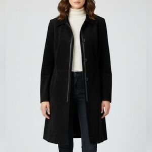 Women's Black Suede Leather Trench Coat Spring Jacket Vintage